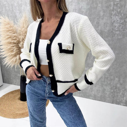 Dames Élégant cardigan en tricot avec des boutons en perles et des détails contrastés Chic und Stil