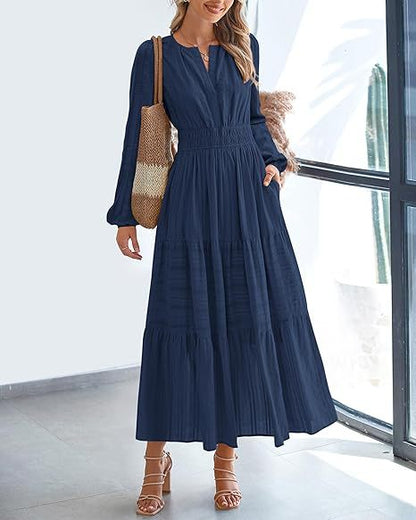 Robe maxi pour femmes avec des manches élégantes et un élastique à la taille raffiné Chic und Stil