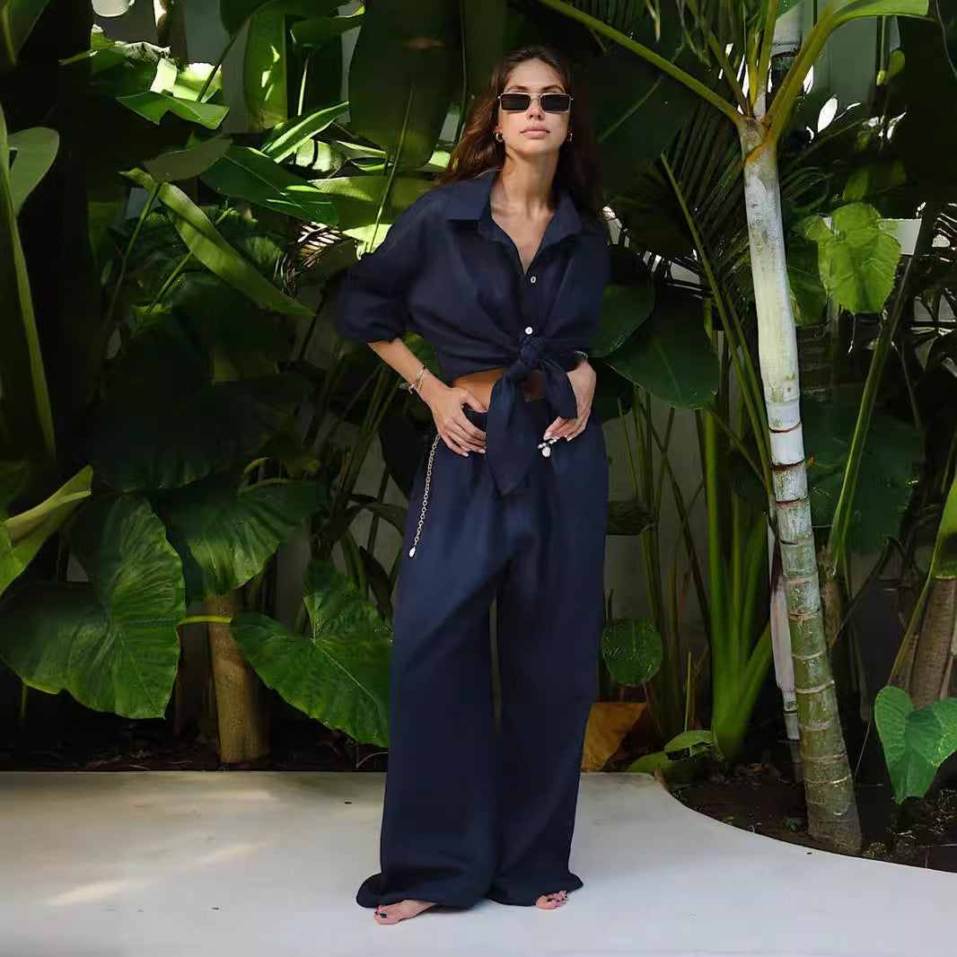 Comfortable linen loungewear set for women with wide sleeves and flowy pants Chic and Style