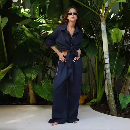 Comfortable linen loungewear set for women with wide sleeves and flowy pants Chic and Style