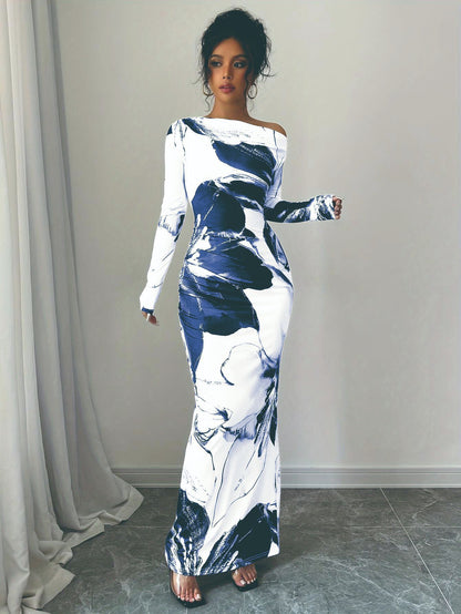 Dames Élégant Robe Maxi avec décolleté asymétrique et design floral Chic und Stil