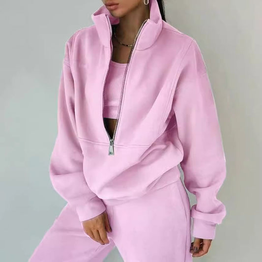 Dames Pull zippé de haute qualité avec col haut et intérieur doux Chic und Stil