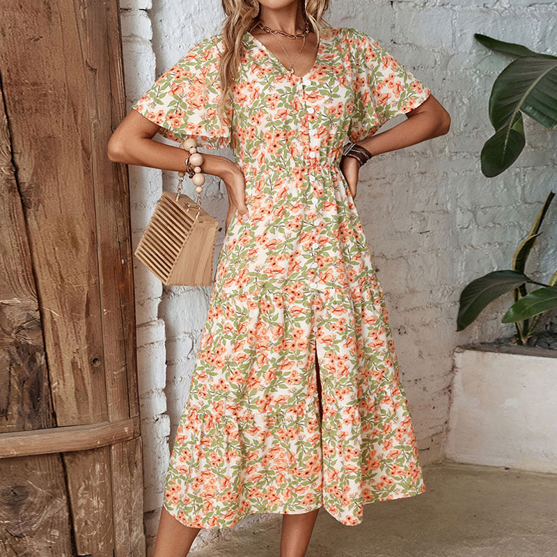 Robe maxi floral pour femmes avec fermeture à boutons et fente sur le côté Chic und Stil