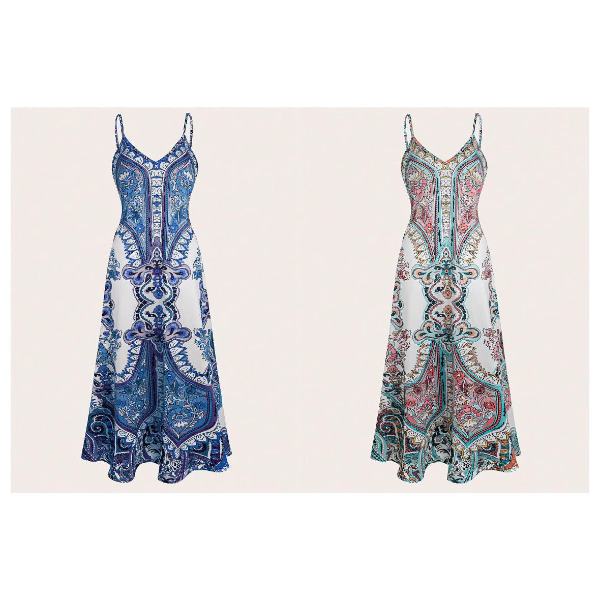 Dames Élégante Robe Max longue avec motif délicat et bretelles spaghetti Chic und Stil
