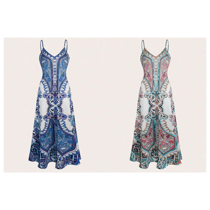 Dames Élégante Robe Max longue avec motif délicat et bretelles spaghetti Chic und Stil