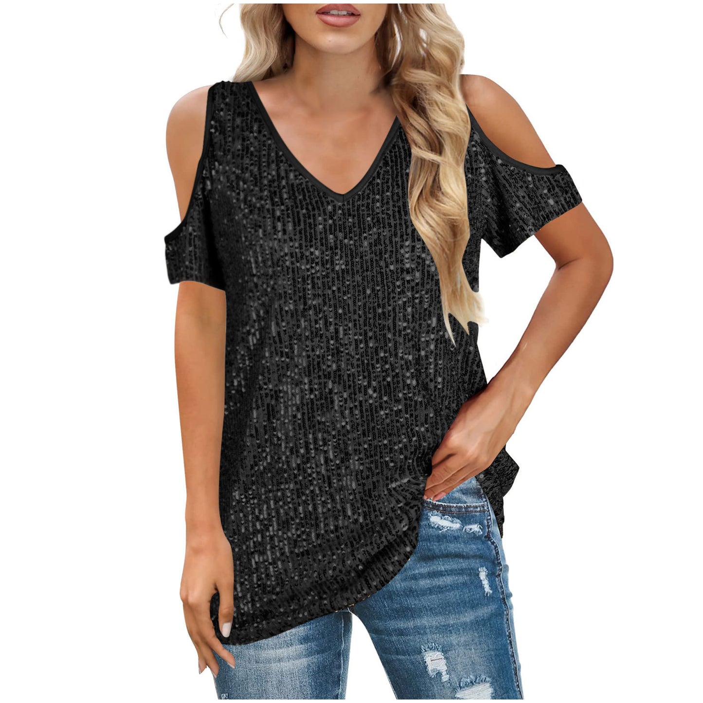 Dames Cold Shoulder Pailletten Top Chic und Stil