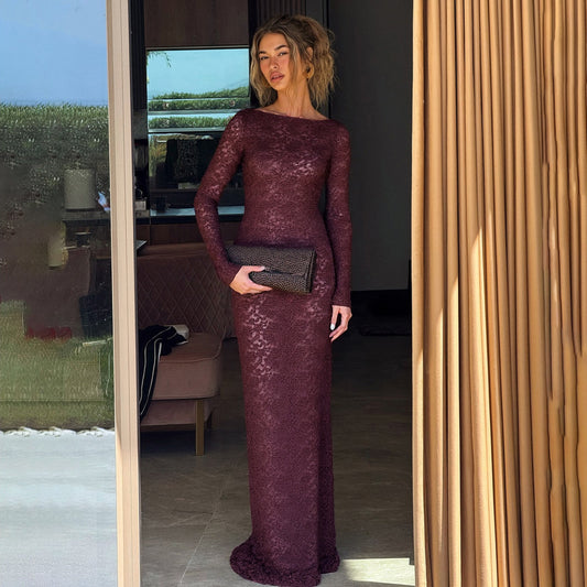 Robe maxi élégante en dentelle pour femmes avec manches longues Chic und Stil