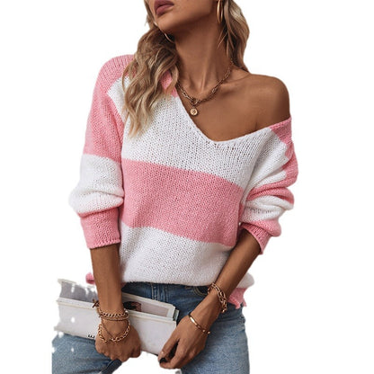 Pull en tricot décontracté à col en V pour femmes avec un large motif rayé Chic und Stil