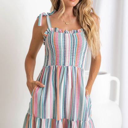Robe maxi rayée pour femmes avec bretelles spaghetti réglables Chic und Stil
