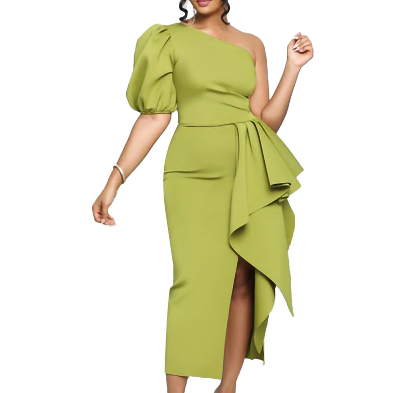 Dames Robe Élégante à Épaule Unique avec Élément Drapé Fluide Chic und Stil