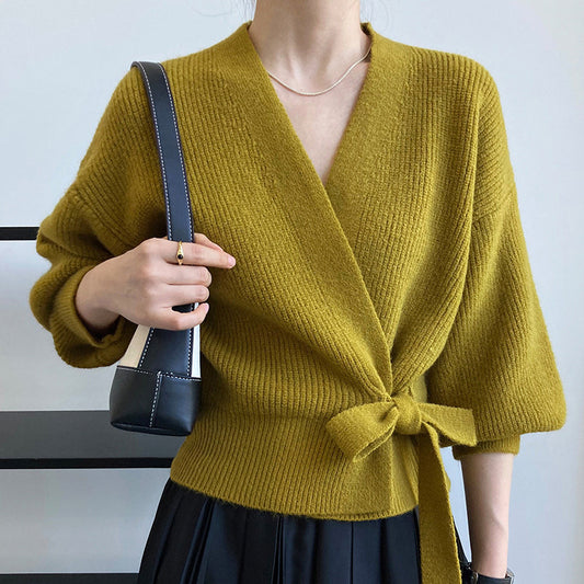 Pull en tricot à enroulement pour femmes avec ceinture à la taille et manches raglan Chic und Stil