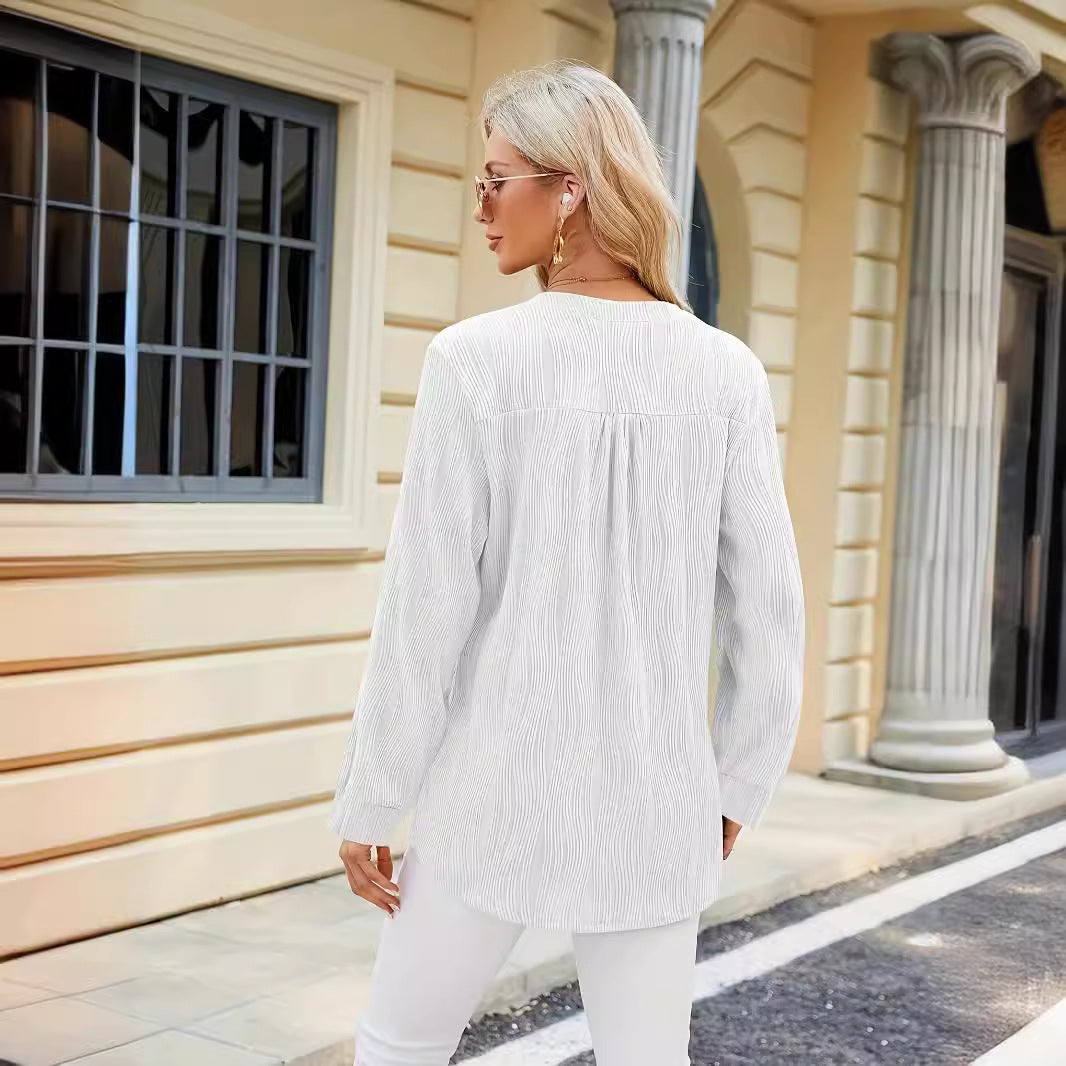 Dames Chemisier Élégant à Manches Longues avec Fine Structure en Côtes et Fentes Latérales à la Mode Chic und Stil