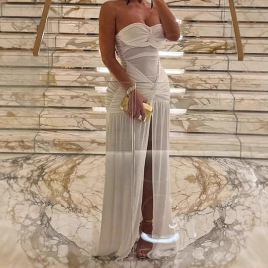 Dames Robe Maxi Sans Manches Élegante avec Détails Volants et Fente Haute Chic und Stil