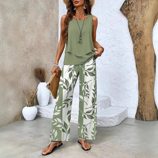 Women elegant leaf pattern wide pants set Chic and Style