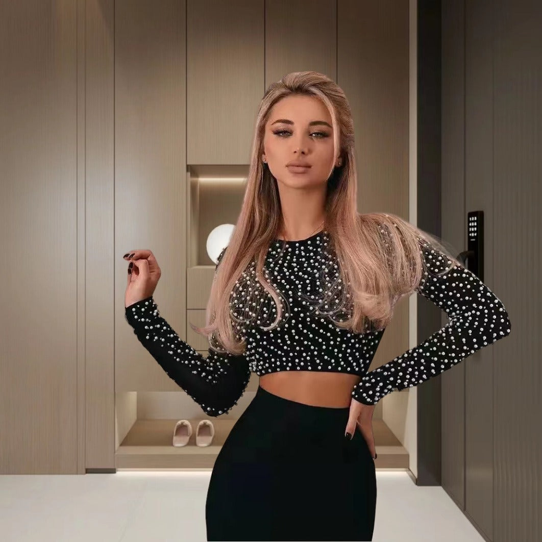 Dames Élégant Haut-Crop à Manches Longues avec Garniture de Perles Chic und Stil