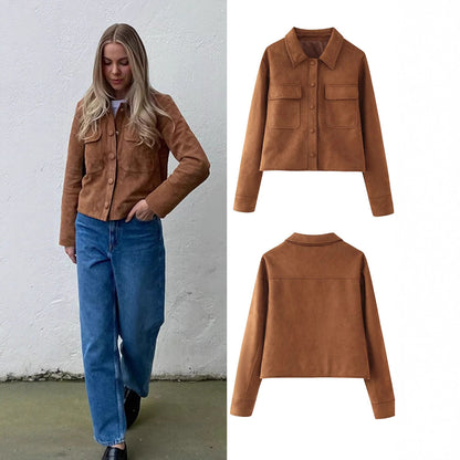 Short jacket for women in suede imitation with practical pockets and elegant collar Chic und Stil