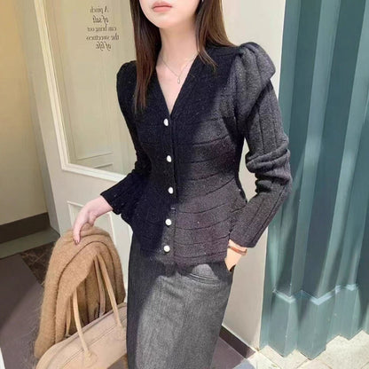 Dames élégant cardigan avec design texturé et manches bouffantes féminines Chic und Stil