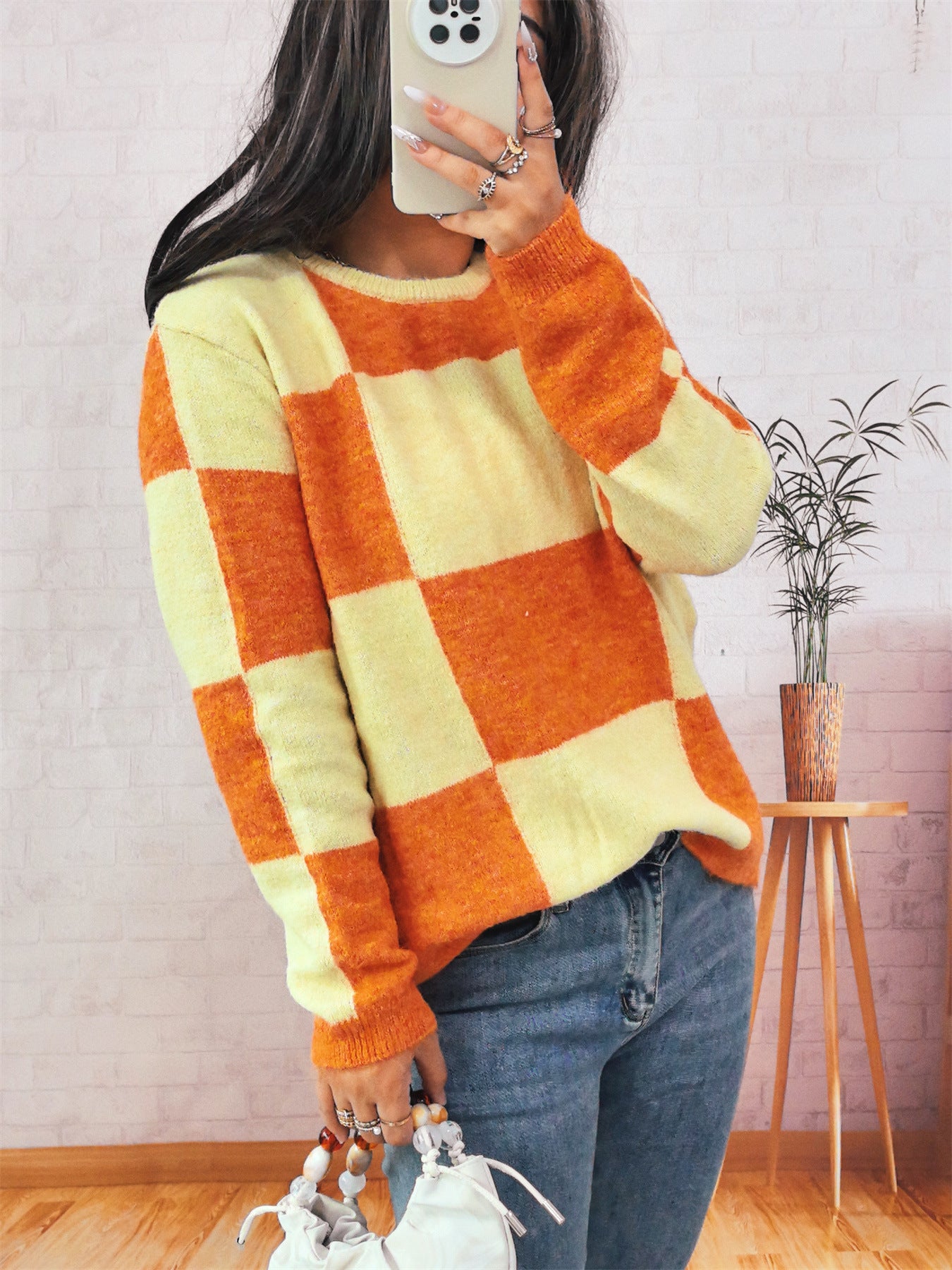Pull en mailles larges pour femmes avec un motif à carreaux moderne et une coupe décontractée Chic und Stil
