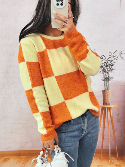 Pull en mailles larges pour femmes avec un motif à carreaux moderne et une coupe décontractée Chic und Stil