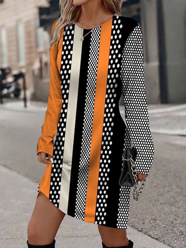 Robe longue à manches longues pour femmes avec motif graphique à rayures et design ponctuel Chic und Stil