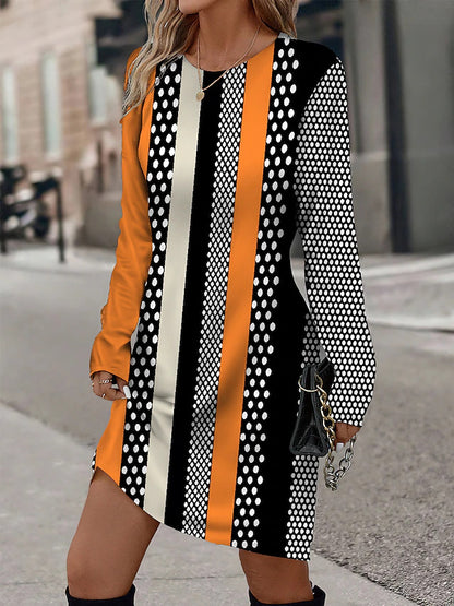 Robe longue à manches longues pour femmes avec motif graphique à rayures et design ponctuel Chic und Stil