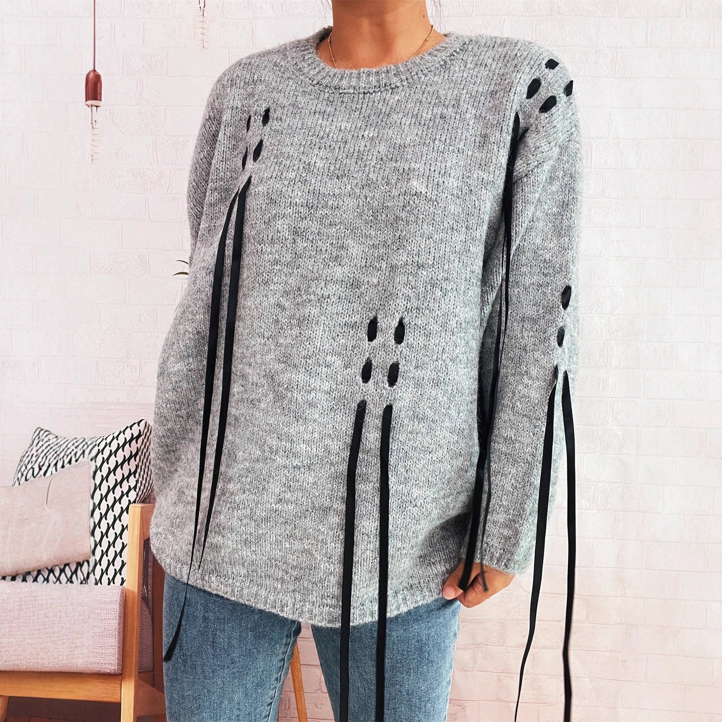 Pull over taille oversized féminin à détails de lacets uniques Chic und Stil