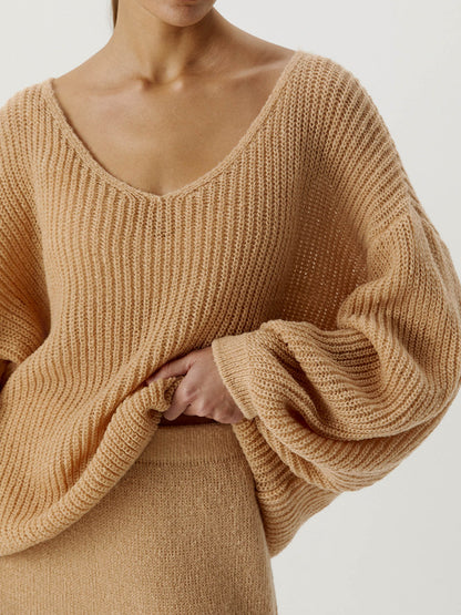Pull-over en tricot décontracté pour femmes avec des manches larges et un décolleté en V profond Chic und Stil