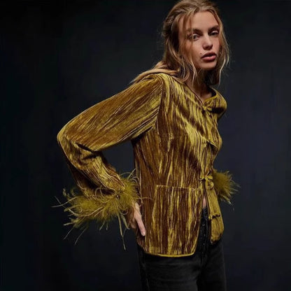 Dames élégant Veste en velours avec accents en dentelle Chic und Stil