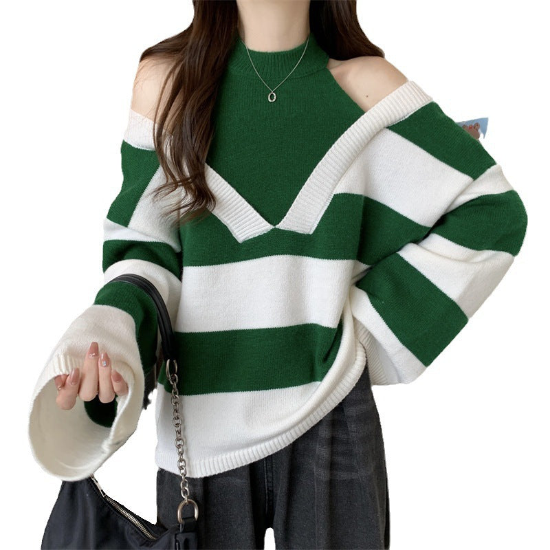 Ladies Oversized V-neck Pullover with trendy striped pattern and open shoulder design Chic and Style