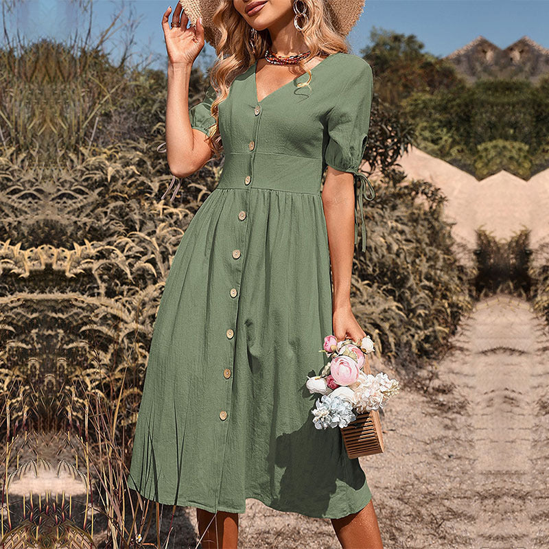 Robe midi A-ligne à boutons pour dames avec liens