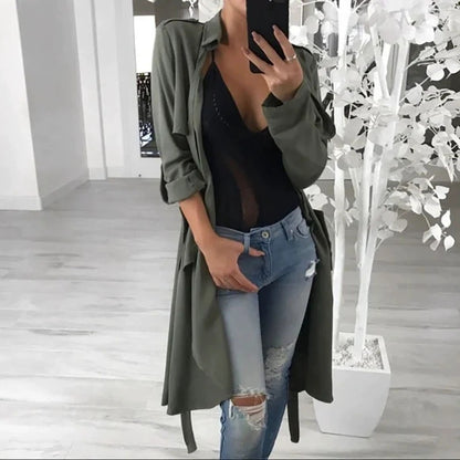 Dames élégant cardigan enveloppant en tissu doux avec coupe longue et poches pratiques Chic und Stil