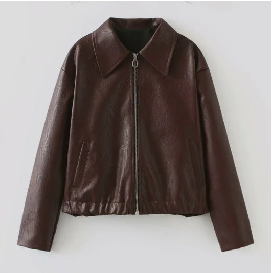 Casual leather jacket for women with a sporty style and elastic belt Chic und Stil