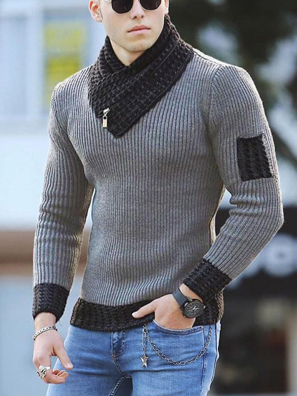 Pull en maille pour hommes avec col montant et design texturé Chic und Stil
