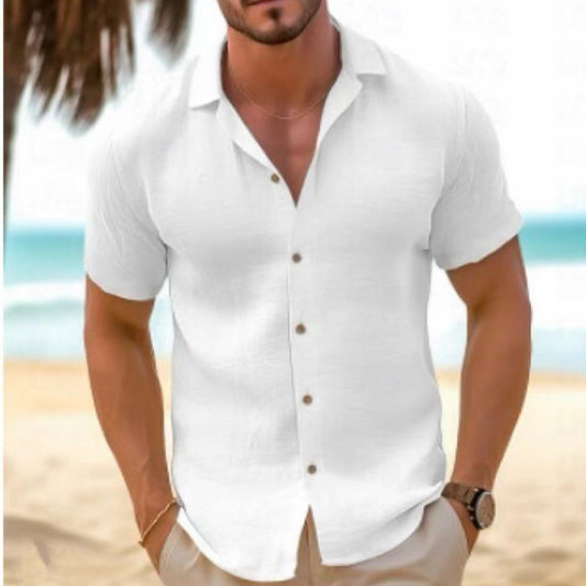 Chemise en lin à manches courtes pour hommes avec col moderne et patte de boutonnage Chic und Stil