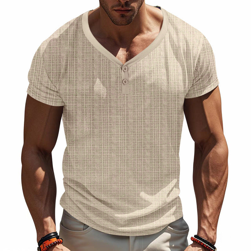 T-shirt Henley à manches courtes pour hommes avec design de structure géométrique et décolleté en V tendance Chic und Stil