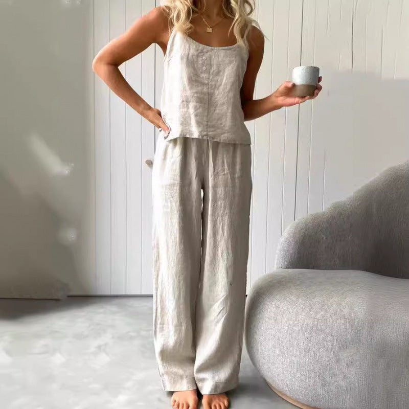 Casual linen set for women with strapless blouse and wide leg pants Chic and Style