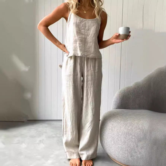 Casual linen set for women with strapless blouse and wide leg pants Chic and Style