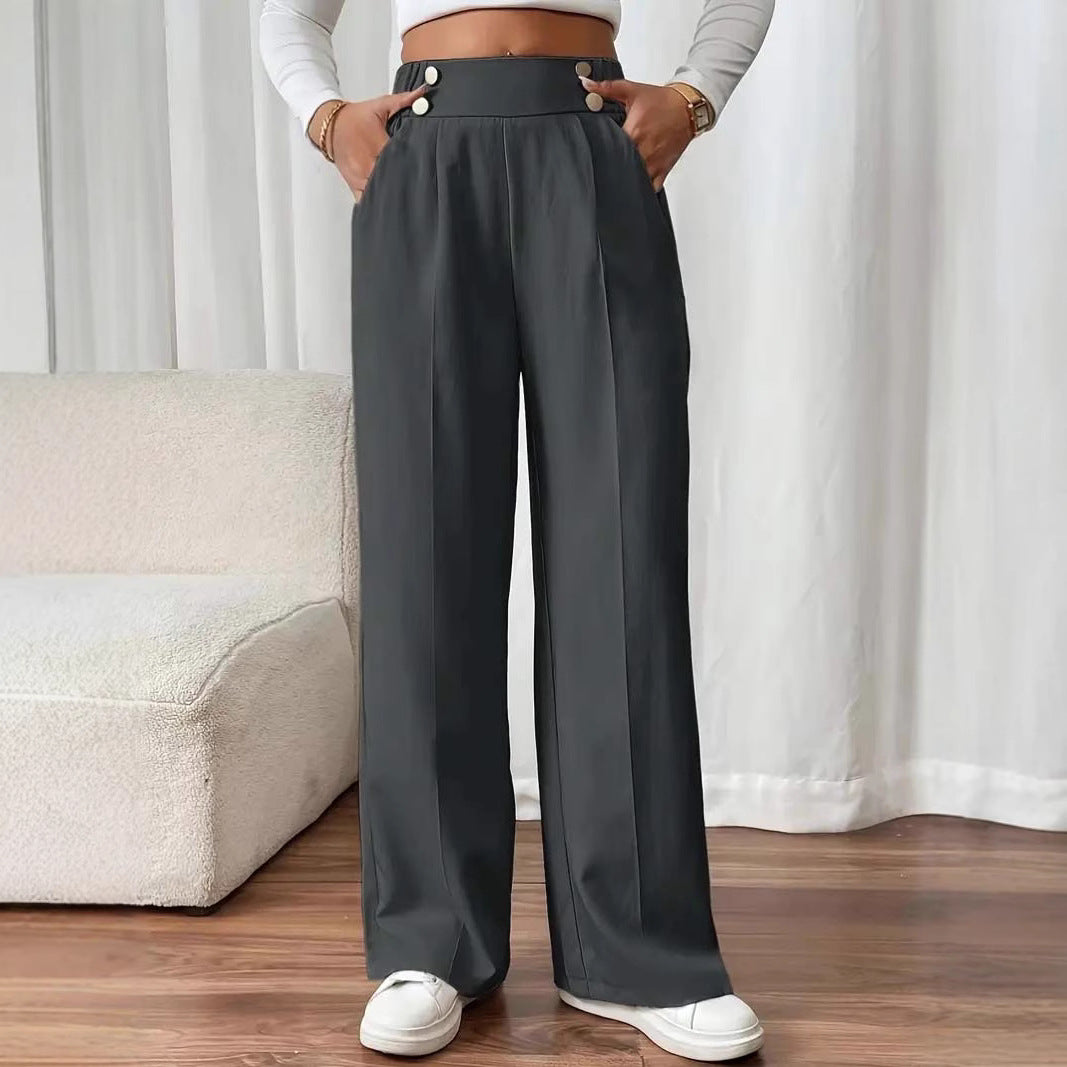 Ladies High-Waisted Wide Leg Pants with Chic and Stylish Button Details