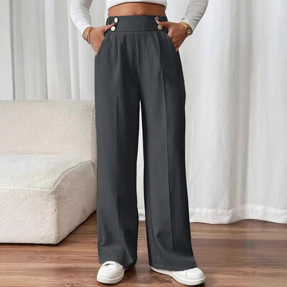 Ladies High-Waisted Wide Leg Pants with Chic and Stylish Button Details