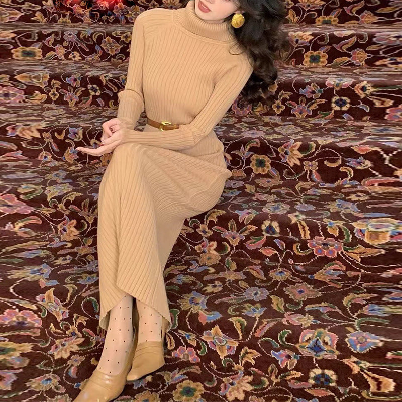 Robe en tricot élégante pour femmes avec col roulé haut et joli motif en côtes Chic und Stil