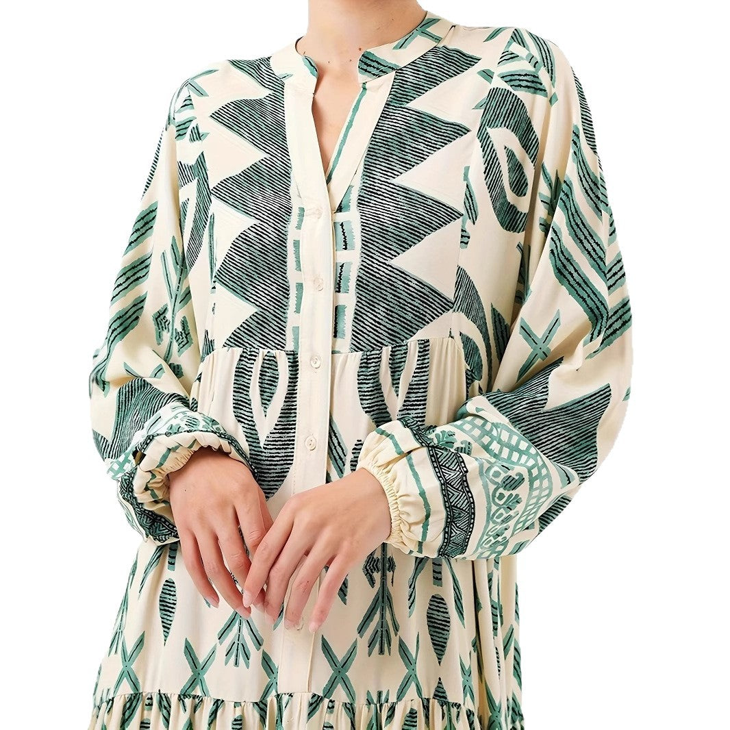 Robe maxi femme avec motif géométrique artistique et détails de boutons Chic und Stil