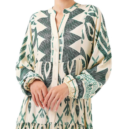 Robe maxi femme avec motif géométrique artistique et détails de boutons Chic und Stil