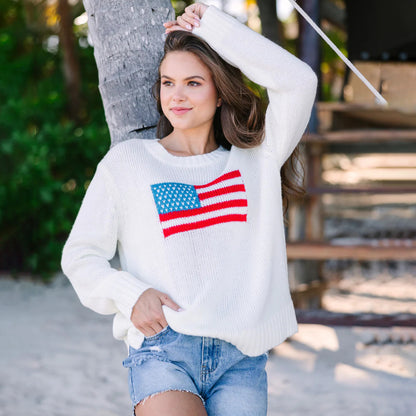 Pull tendance pour femmes avec broderie de drapeau des États-Unis en coton aérien Chic und Stil