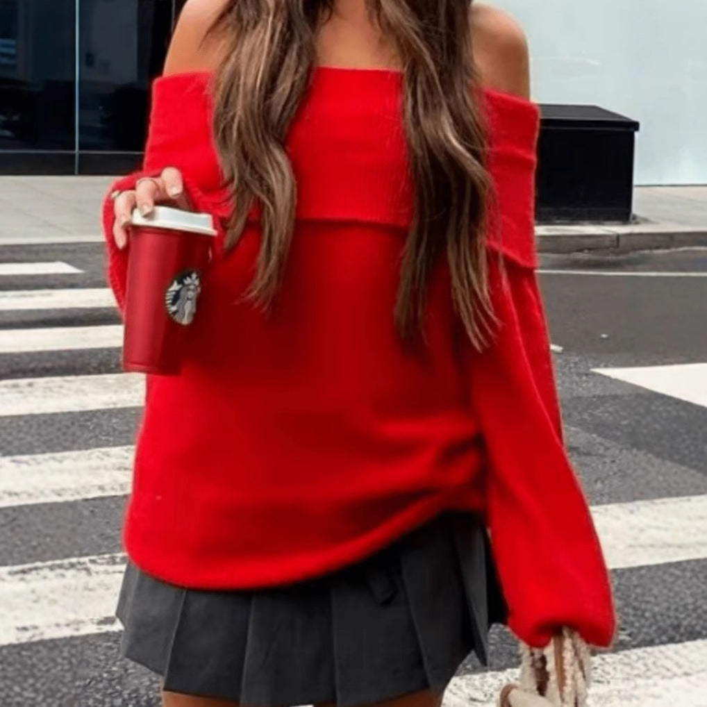 Femme Pull en Tricot Off-Shoulder avec Manche Large Chic und Stil