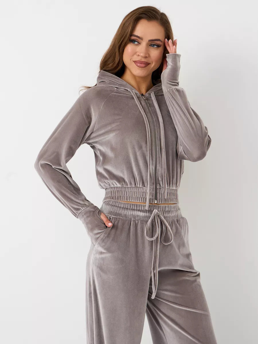 Dames Ensemble de loungewear en velours luxueux avec capuche et taille élastique Chic und Stil