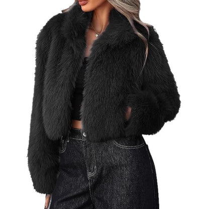 Ladies Short and Plush Faux Fur Jacket Chic and Style