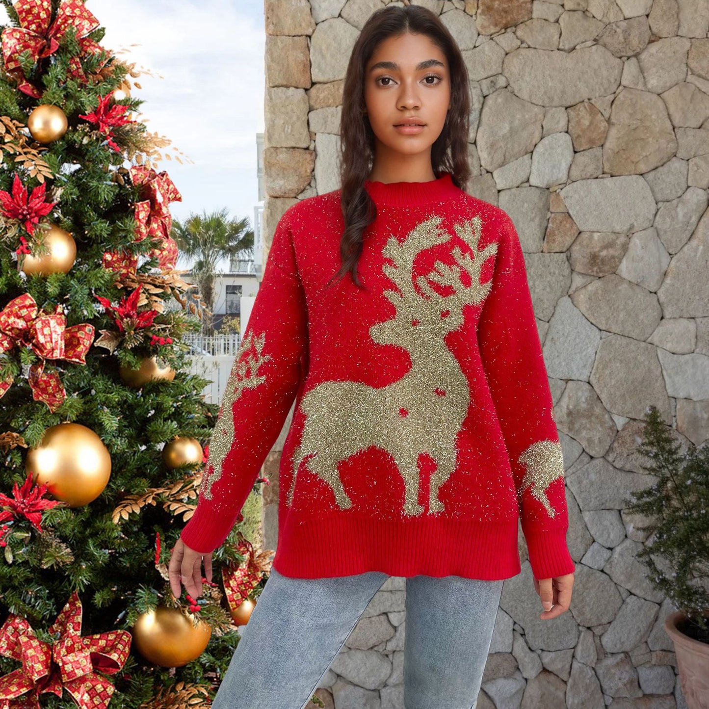 Pull de Noël pour femmes avec design pailleté et motif de renne Chic und Stil