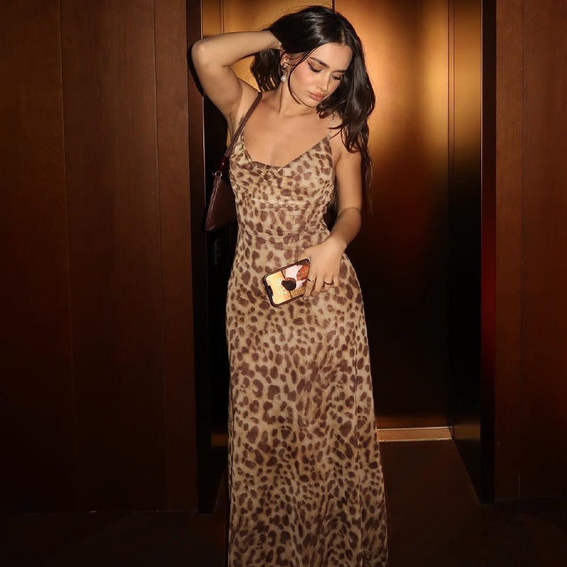 Women's Elegant Leopard Print Maxi Dress Chic and Style