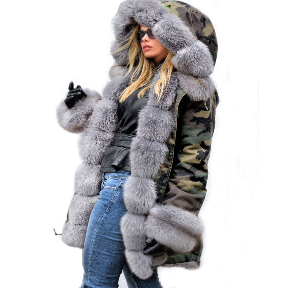 Dames camouflage manteau d'hiver avec col en fausse fourrure XXL et sangles amovibles Chic und Still