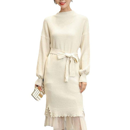 Robe tricotée élégante pour femmes avec ceinture à la taille et ourlet décoratif Chic und Stil